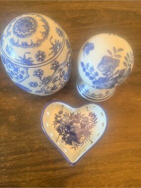 Blue and White Floral Ceramic Trio - Heart Dish and Two Miscellaneous
